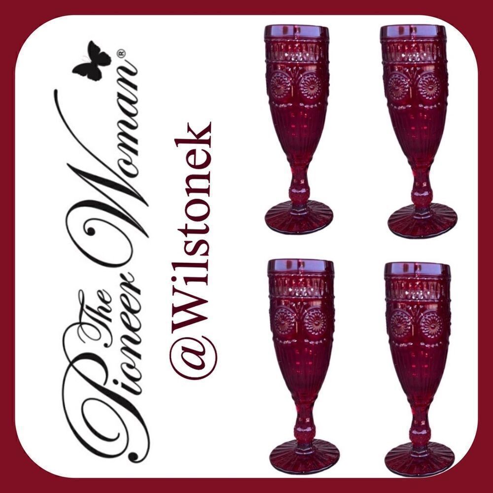 Rare- The Pioneer Woman set of 2 - Red Adeline glass 6 ounce flutes
